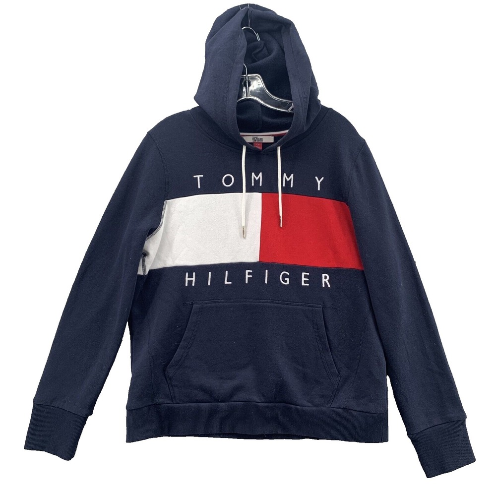 Tommy Hilfiger Hoodie Men's Large Navy Spellout Retro 90s Skate Streetwear Y2k